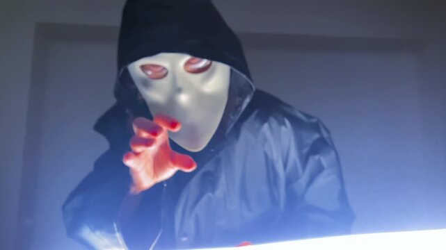 Masked hacker reaching out on halloween night with blue light