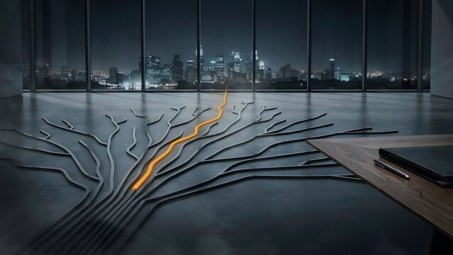Illuminated amber path emerging from branching paths concept photo &ndash; Ideal for critical decision making, strategic choice, or executive vision