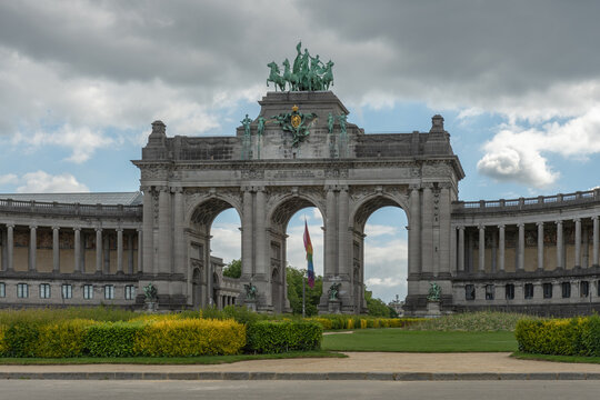 Brussels, Belgium: triumphal arch at Cinquantenaire Park with three arches and a bronze quadriga at its summit