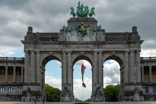 Brussels, Belgium: triumphal arch at Cinquantenaire Park with three arches and a bronze quadriga at its summit