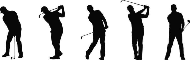 Golf player silhouettes set showing sequence of a golfer swinging a club hitting the ball in different motion poses © MDMAZADUR