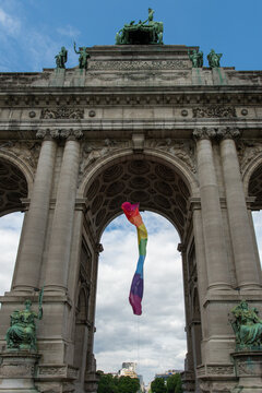 Brussels, Belgium: triumphal arch at Cinquantenaire Park with three arches and a bronze quadriga at its summit