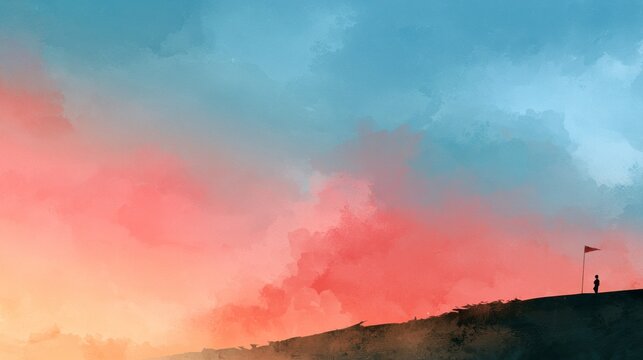 Watercolor Sunset Sky Background with Small Flag for veterans day design