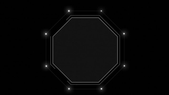 Minimal geometric octagon frame glows fine outlines nodes spacious dark center. portrait , 19 overlays, award titles, brand displays, presentation openers, digital posters, sleek visual