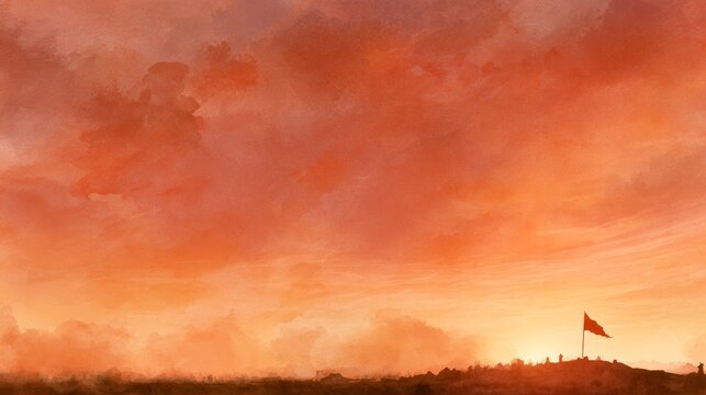 Watercolor Sunset Sky Background with Small Flag for memorial day tribute