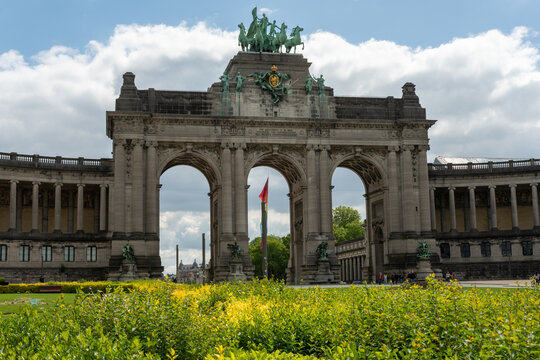 Brussels, Belgium: triumphal arch at Cinquantenaire Park with three arches and a bronze quadriga at its summit