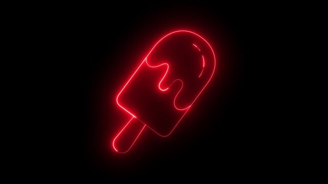 glowing neon Melting ice cream popsicle icon isolated on black background, representing frozen ice cream on stick. 4k video animation.