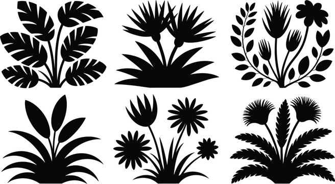 Botanical plant silhouettes with leaves flowers branches decorative foliage nature vector illustration design set for gardening floral art concepts