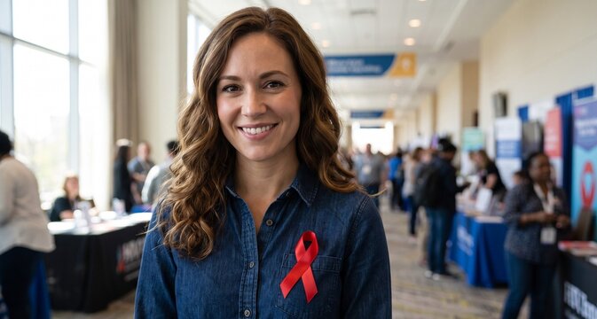 Smiling woman with HIV awareness ribbon at an event in a vibrant atmosphere