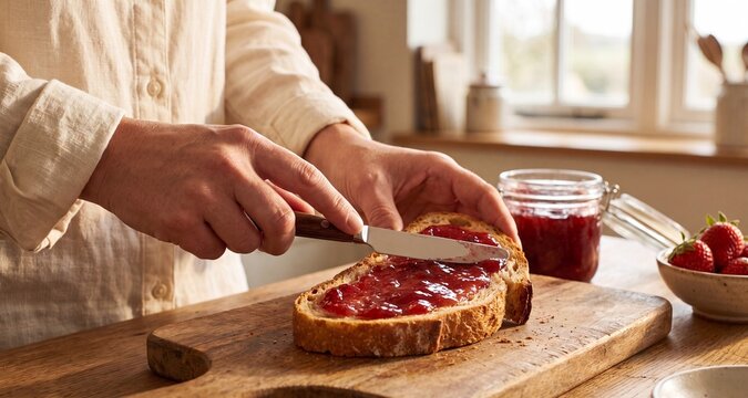 Person spreading jam on bread in a bright kitchen setting