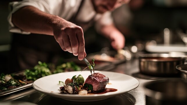 Exquisite dish is prepared in the restaurant's kitchen.