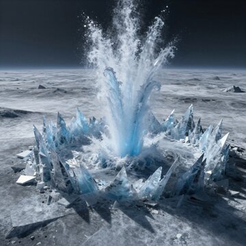 Dramatic geyser erupts from frozen icy landscape with sharp crystal formations