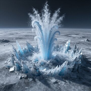 Dramatic geyser erupts from frozen landscape surrounded by sharp ice crystals