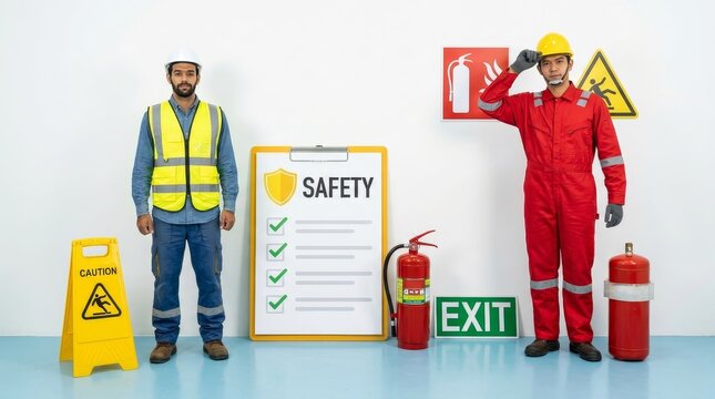 Industrial Safety Team with Fire Extinguisher and Occupational Compliance Checklist