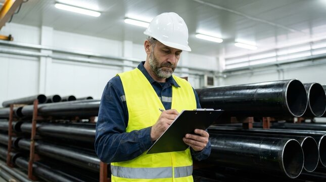 Industrial Quality Control Inspector Checking Metal Pipe Inventory in Warehouse