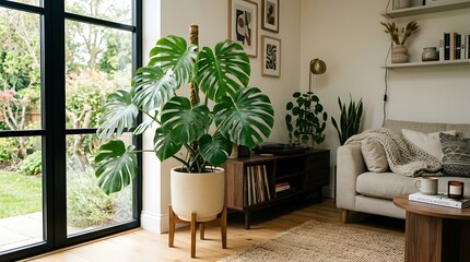 Fototapeta premium Beautiful monstera deliciosa houseplant in a modern living room, large green leaves, stylish ceramic pot, natural sunlight through window, cozy interior design, realistic home decor photography, high 