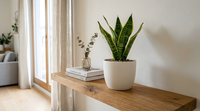 Small snake plant (Sansevieria) in an elegant white pot placed on a wooden shelf, minimalist apartment interior, soft natural light, modern Scandinavian decoration style, realistic photography