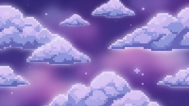픽셀 아트 스타일로 표현된 보라빛 밤하늘과 몽환적인 구름들이 떠 있는 레트로 감성 배경 / Retro emotional background with a purple night sky and dreamy clouds expressed in pixel art style