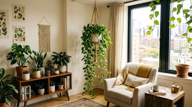 Hanging pothos plant cascading from a modern planter, cozy apartment interior, sunlight coming through window, urban jungle concept, realistic home photography