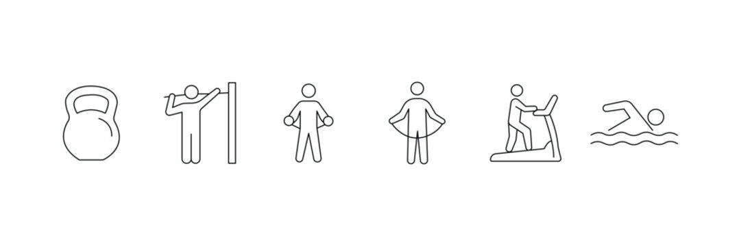 Fitness workout gym kettlebell pullup skipping rope treadmill swimming minimal line vector icon set.