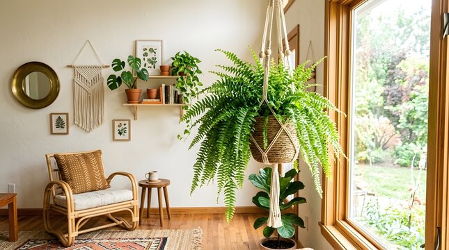 Beautiful fern plant in a hanging basket inside a bright home, green leaves, bohemian interior decoration, natural sunlight, high resolution
