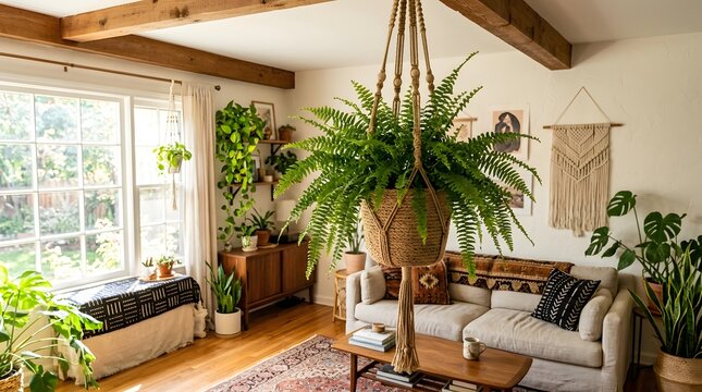 Beautiful fern plant in a hanging basket inside a bright home, green leaves, bohemian interior decoration, natural sunlight, high resolution