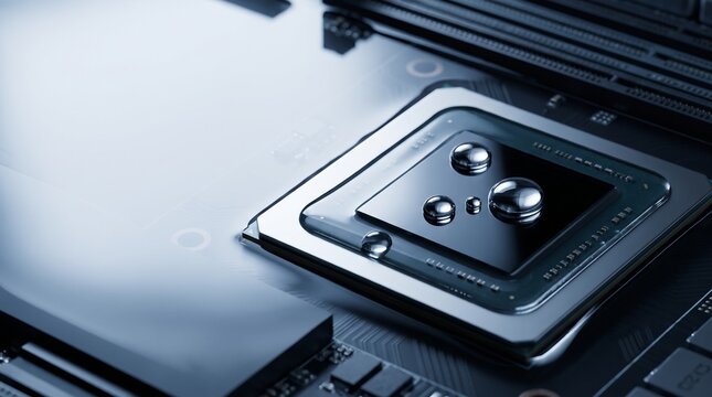 Advanced microchip with water droplets, a high-tech circuit board component. Modern computing hardware, a powerful processor for digital technology and innovation.