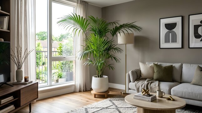 Beautiful palm plant in a modern living room corner, large green leaves, stylish furniture, luxury home decor, professional interior photo
