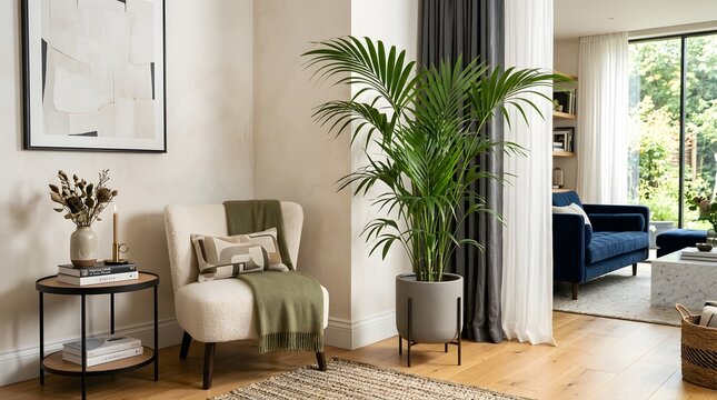 Beautiful palm plant in a modern living room corner, large green leaves, stylish furniture, luxury home decor, professional interior photo