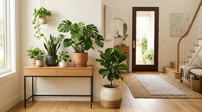 Decorative indoor plant arrangement with multiple green plants and stylish pots, modern home entrance, welcoming atmosphere, high-end interior photography