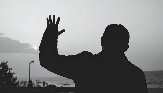 Silhouette of man waving at the ocean sunrise.