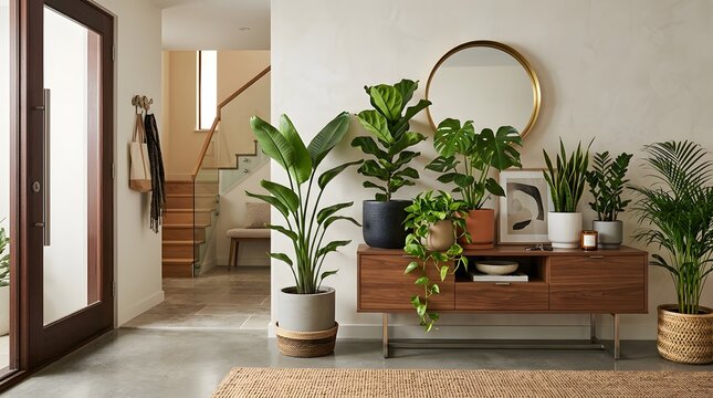 Decorative indoor plant arrangement with multiple green plants and stylish pots, modern home entrance, welcoming atmosphere, high-end interior photography
