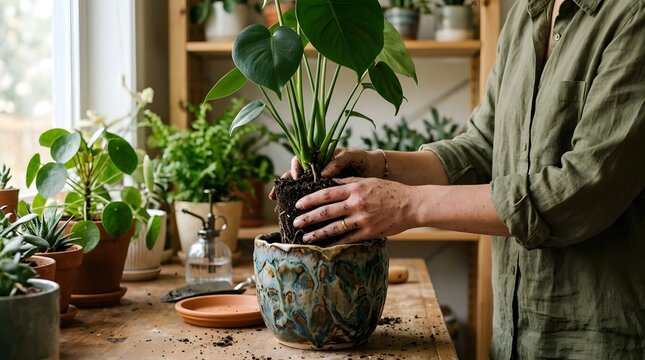 Close-up of hands repotting a houseplant into a beautiful ceramic planter, gardening activity at home, lifestyle photography, natural light