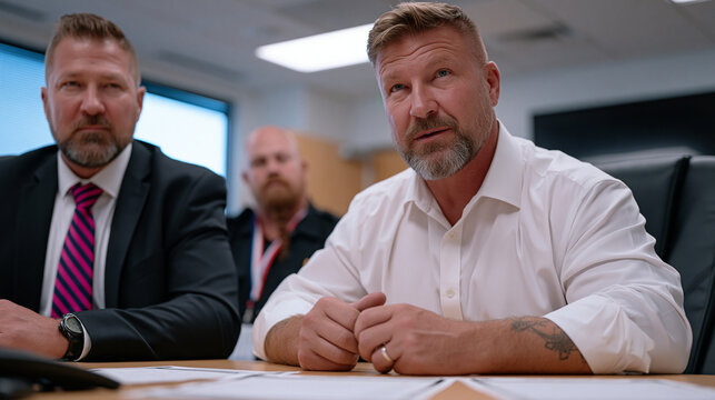 Government contracting officer initiating a formal debrief with an unsuccessful vendor in a small windowless conference room, official procurement scorecards spread across the table, a union steward
