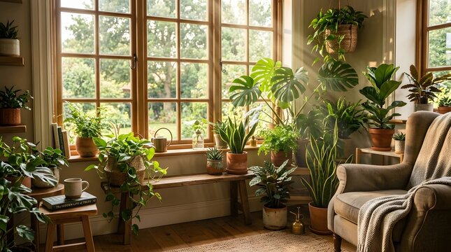 Beautiful indoor plant collection near a large window, sunlight rays, cozy home atmosphere, nature inside concept, professional stock photography