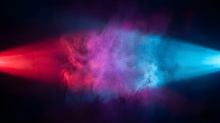 Naklejka premium Smoke clouds illuminated by vibrant red and blue neon lights create a dynamic and energetic atmosphere, serving as an abstract background for artistic compositions or modern technology presentations.