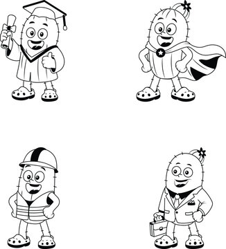 Professional cactus mascots portrayed as a graduate, superhero, construction worker, businessman in glyph vector style. 
