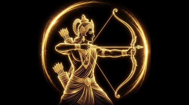 Golden neon outline of lord rama holding bow and arrow for rama puja and ram navami and dussehra festivals on black background depicting ancient mythology 