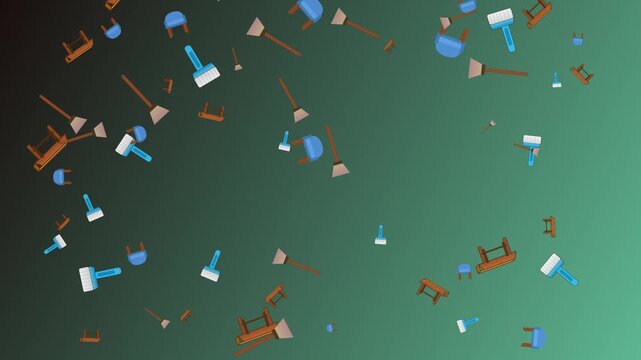 Animated Cleaning Tools Falling Against A Gradient Green Background
