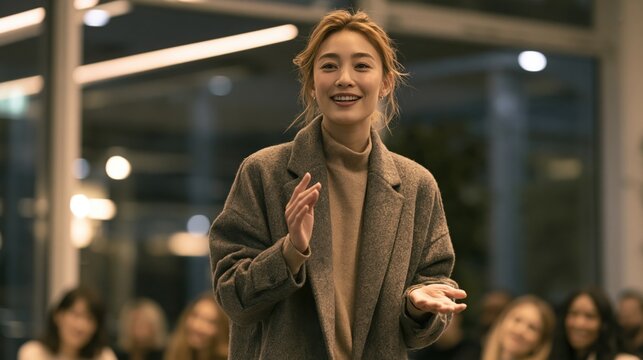 Confident Businesswoman Speak to Audience with Gesticulation and Smile