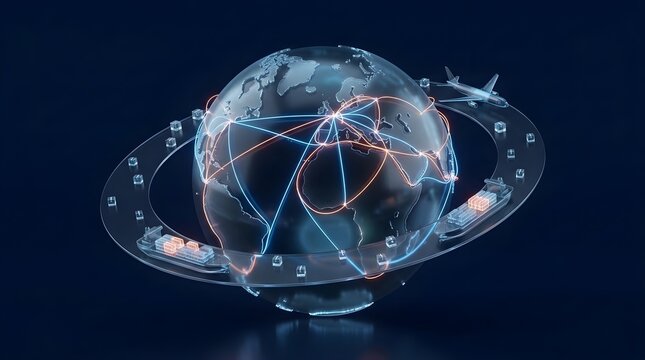 Globe encircled by digital transportation rings illustrates the complex global logistics network with connected routes and cargo vessels moving across the earth in a highly technological environment.