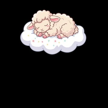 Cute sleeping lamb on fluffy cloud with stars animation loop, transparent background
