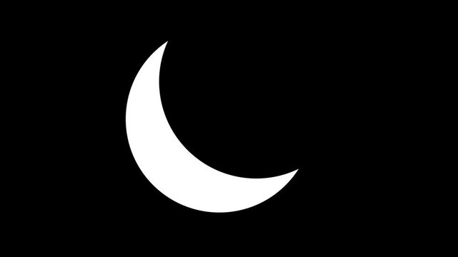 White crescent moon floating sleep symbols appear on a solid black background, clear bedtime icon . sleep apps, night routines, relaxation videos, wellness content, dream scenes, nursery visuals, calm