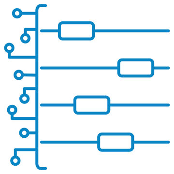 Digital system settings vector line icon. Adjustment sliders connected to circuit bus representing multi-channel equalizer, DSP, and feature parameter tuning
