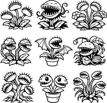 Black and white line art set of nine toothy fantasy carnivorous plants, flytraps and potted monsters
