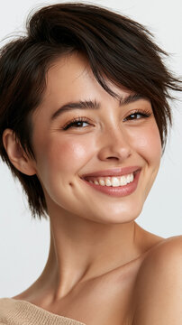 closeup beauty portrait of smiling fashionable woman with dimples, gorgeous happy woman with short haircut and radiant smile, elegant female beauty portrait with expressive eyes and natural glamour