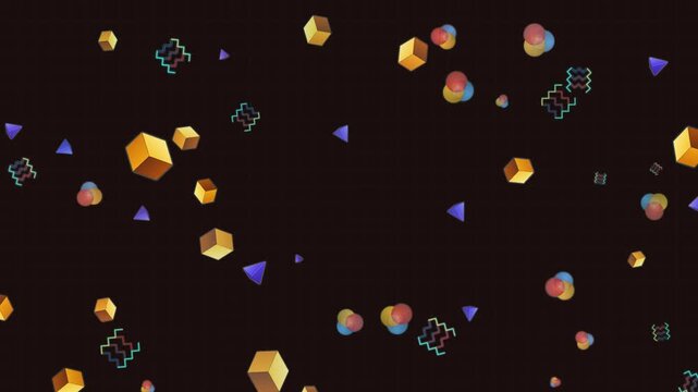 Floating Geometric Shapes and Abstract Memphis Patterns on Dark Background