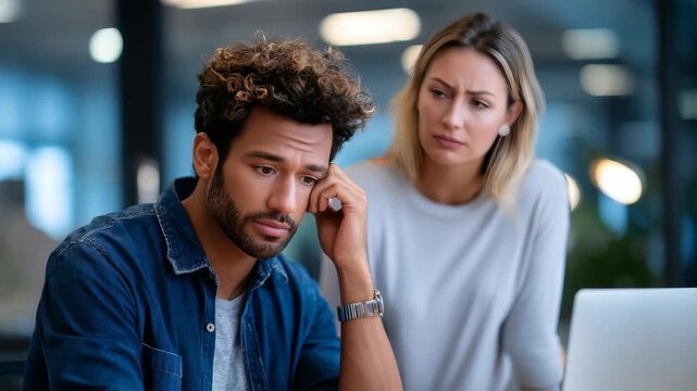 Worried young man sitting at desk with laptop while concerned woman stands beside him in modern office environment. Stressful work situation and teamwork challenges are depicted here