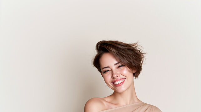 closeup beauty portrait of smiling fashionable woman with dimples, gorgeous happy woman with short haircut and radiant smile, elegant female beauty portrait with expressive eyes and natural glamour