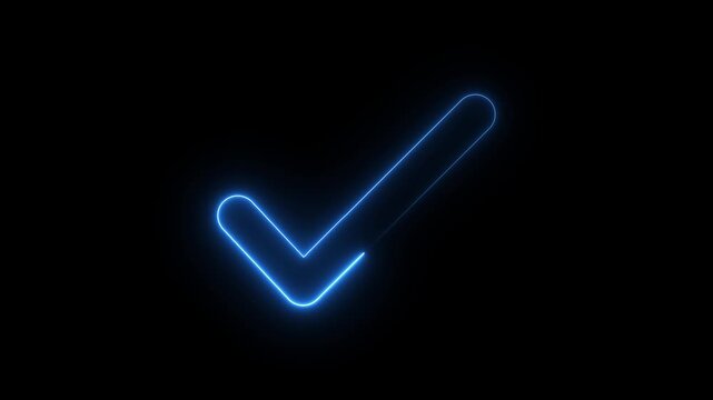 Glowing neon light tick mark icon animation true sign on black background with alpha channel. Blue neon check mark button. neon success, approved concept,